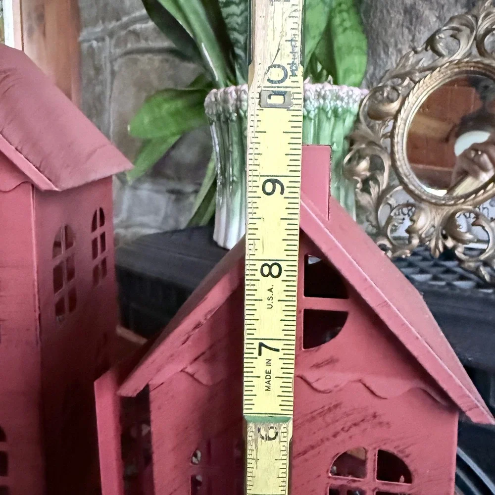 Vintage Style Metal House Lanterns Set of 3 Nesting Village Houses Terracotta